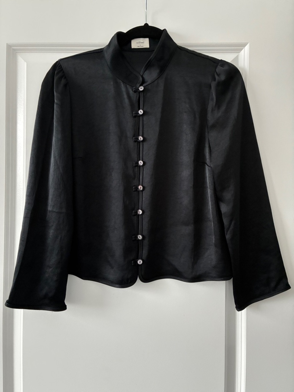 Wilfred Size S Baroque Satin Mandarin Collar Button-Front Blouse - Black - Picture 2 of 7